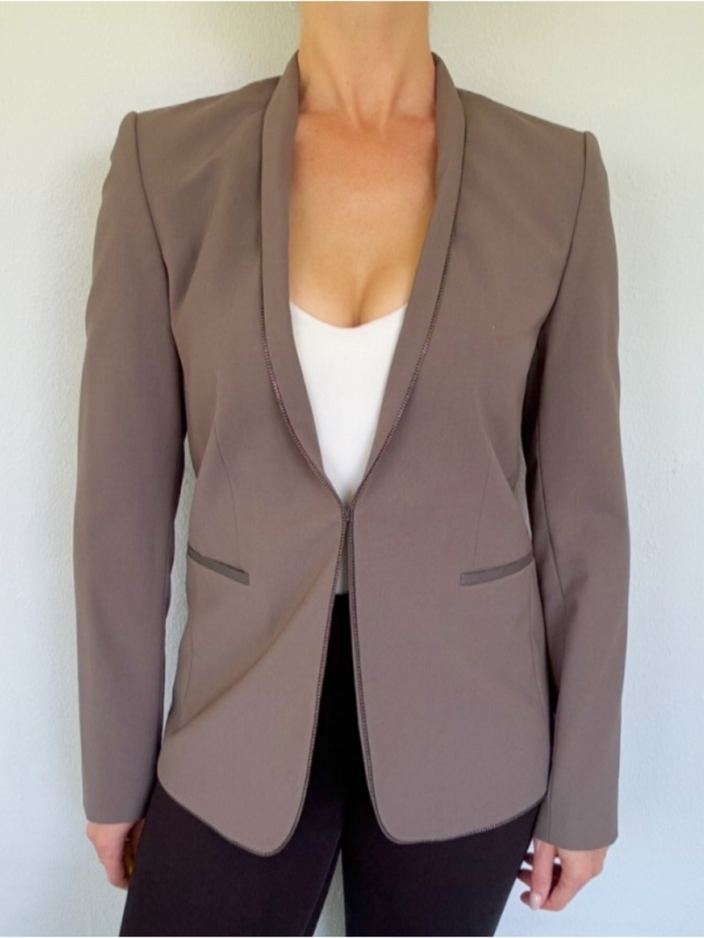 Elie TAHARI taupe metallic silver zipper trim hook and eye blazer jacket size 4